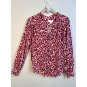 Maeve Anthropology V Button Up Ruffle Smocked Long Sleeve Blouse 4 Celestial Red